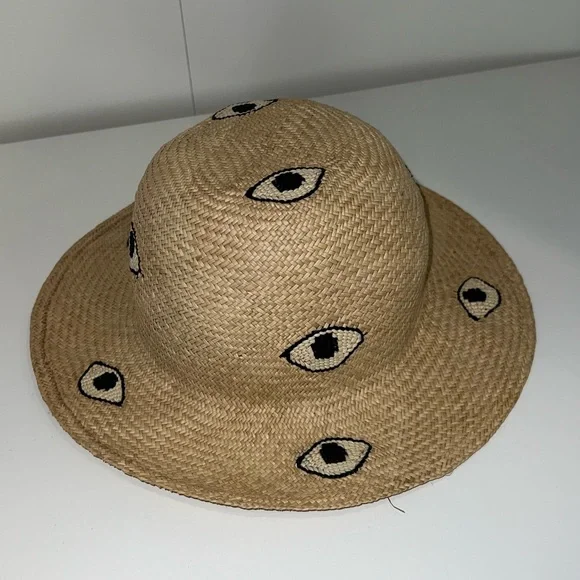 Kids Tan Straw Hat with Eye Design - Picture 2 of 3